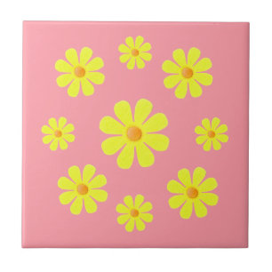 Azulejo De Cerámica Flores amarillas rosadas y amarillas de la