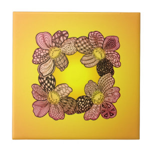 Azulejo De Cerámica Flores de Doodle en yegua, Naranja y oro