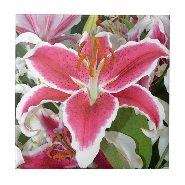 Azulejo De Cerámica Flores de lirio con estrellas rosadas (Frente)