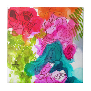 Azulejo De Cerámica Flores de primavera acuarela arte abstracto