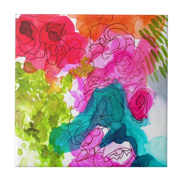 Azulejo De Cerámica Flores de primavera acuarela arte abstracto (Frente)