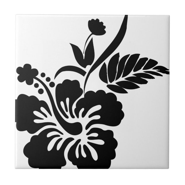 Azulejo De Cerámica Flores hawaianas blancos y negros (Frente)
