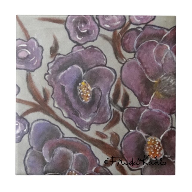 Azulejo De Cerámica Flores pintadas de Frida Kahlo (Frente)