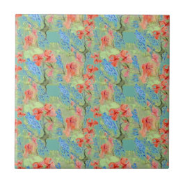 Azulejo De Cerámica Flores rojas y azules y hojas verdes