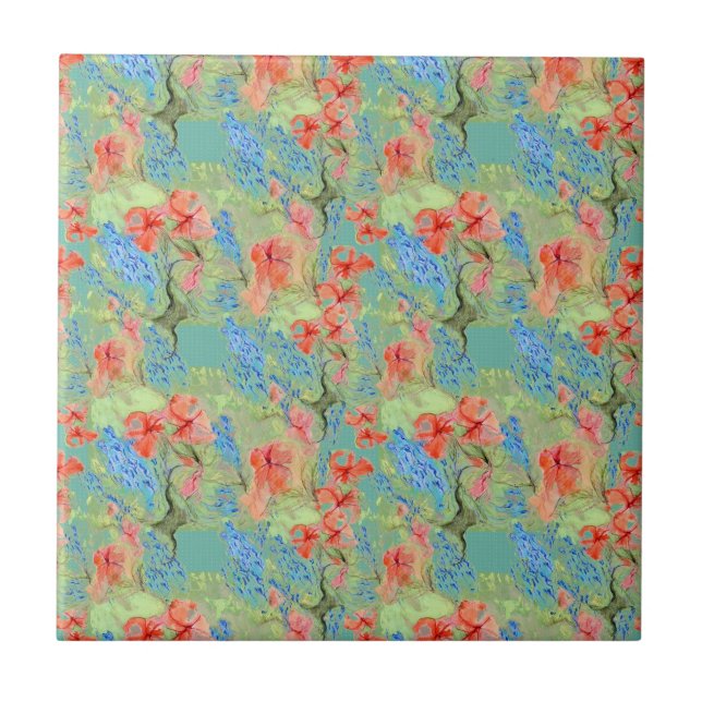 Azulejo De Cerámica Flores rojas y azules y hojas verdes (Frente)