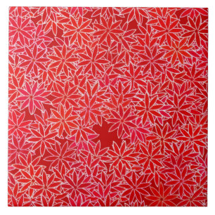 Azulejo De Cerámica Flores rojas y coralinas, fondo rojo oscuro