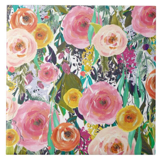 Azulejo De Cerámica Flores románticas de la acuarela del jardín (Frente)