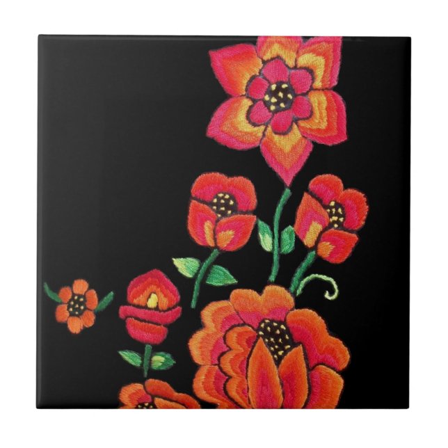 Azulejo De Cerámica Flores rosadas y anaranjadas brillantes (Frente)