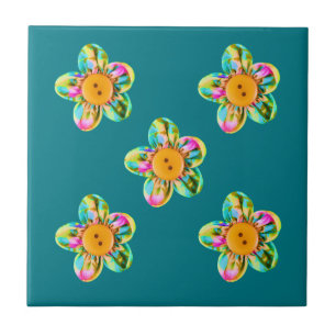 Azulejo De Cerámica Flores rosas, violetas y amarillas en azul turques