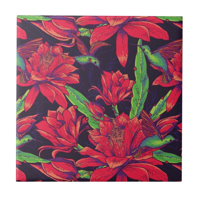 Azulejo De Cerámica Flores y colibríes (Frente)