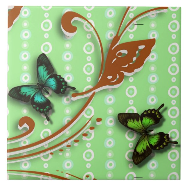 Azulejo De Cerámica Fondo verde de las mariposas (Frente)