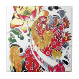 Azulejo De Cerámica Foo Dog & Lotus Tattoo Design