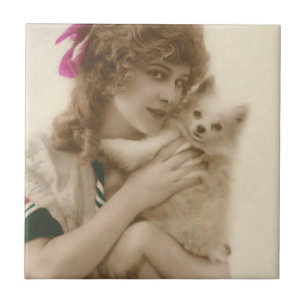 Azulejo De Cerámica Foto antigua: mujer victoriana y perro