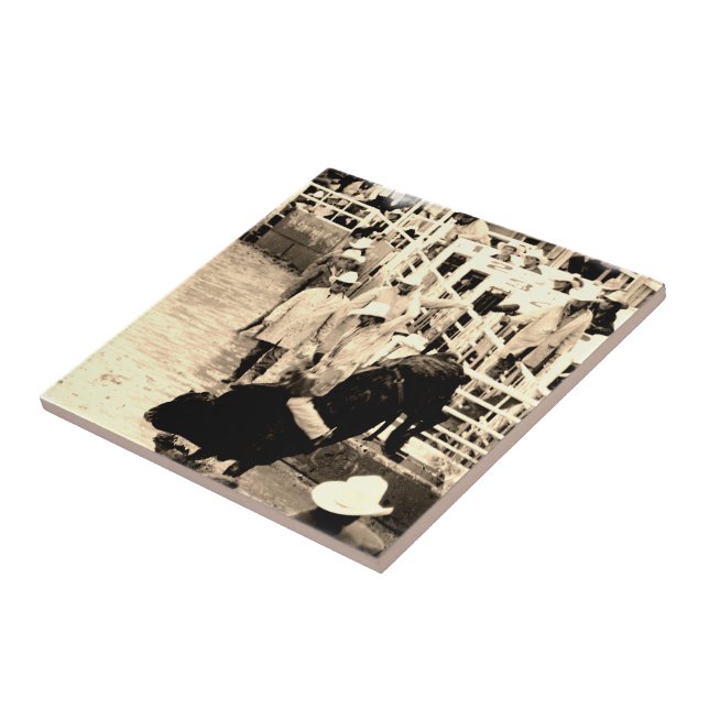 Azulejo De Cerámica Foto del piloto de rodeo Bull Bucking (Lado)