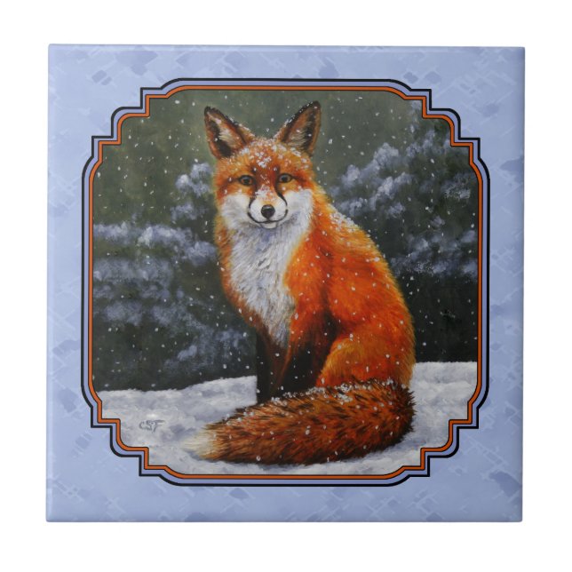 Azulejo De Cerámica Fox roja en azul de nieve invernal (Frente)