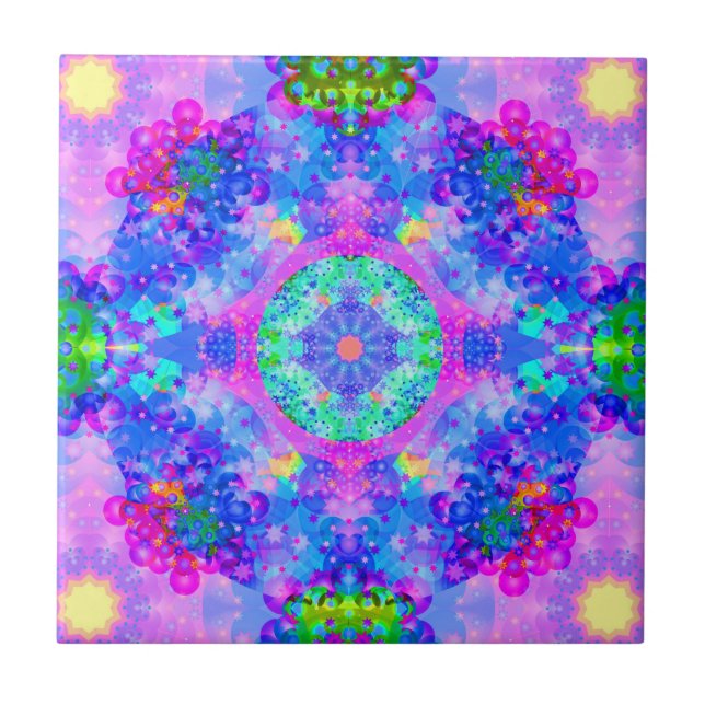 Azulejo De Cerámica Fractal púrpura y verde del caleidoscopio (Frente)