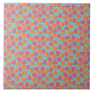 Azulejo De Cerámica Frambuesas Tangerinas en azul turquesa brillante