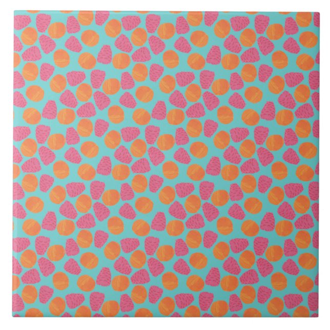Azulejo De Cerámica Frambuesas Tangerinas en azul turquesa brillante (Frente)