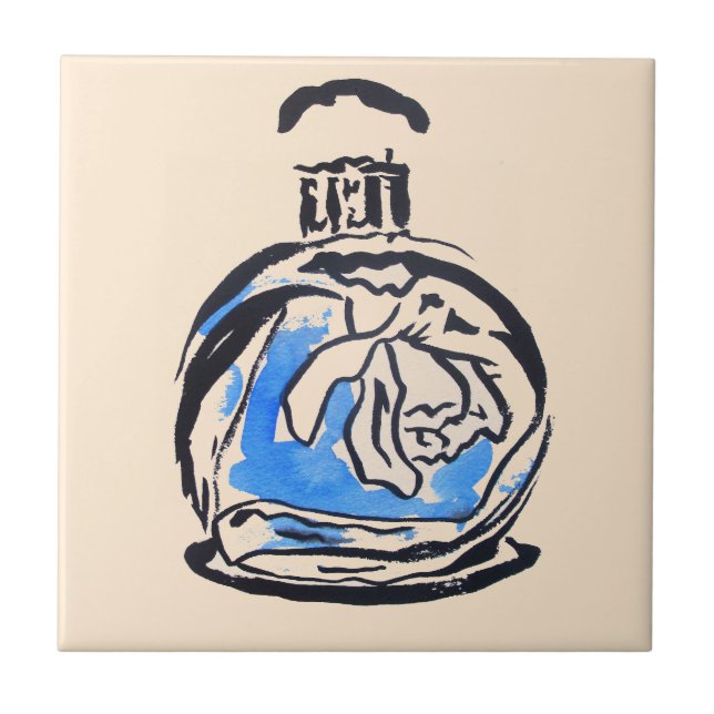 Azulejo De Cerámica Frasco de perfume de ilustracion de moda azul (Frente)