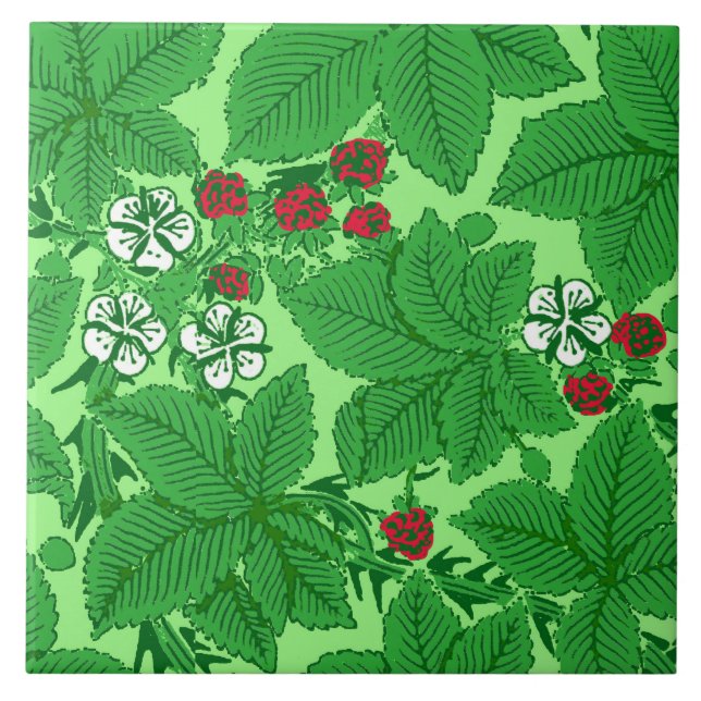 Azulejo De Cerámica Fresas y hojas de estilo Art Nouveau, verde limón (Frente)