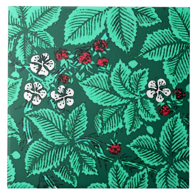 Azulejo De Cerámica Fresas y hojas, turquesa de Nouveau del arte (Frente)