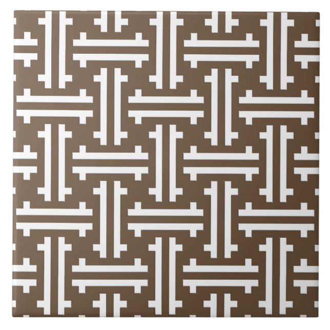 Azulejo De Cerámica Fret chino Art Deco, Taupe Tan y Blanco (Frente)