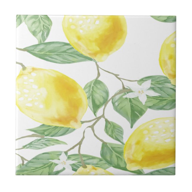 Azulejo De Cerámica Fruta del limón del amarillo del verde de la hoja (Frente)