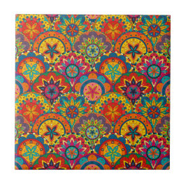 Azulejo De Cerámica Funky Retro Colorido Patrón de Mandala