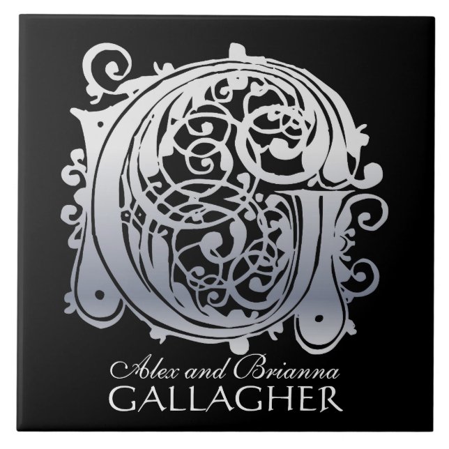 Azulejo De Cerámica G Monograma "Lace plateado sobre negro" con el nom (Frente)