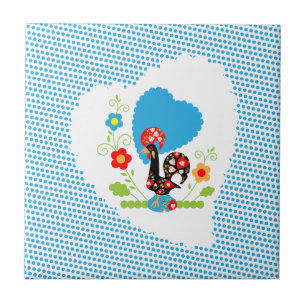 Azulejo De Cerámica Gallo portugués con puntos de polka azul