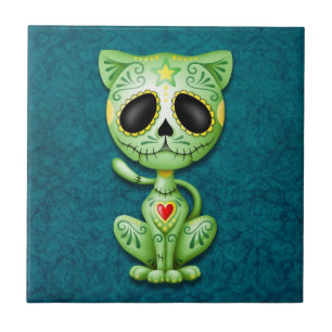 Azulejo De Cerámica Gatito, verde y azul del azúcar del zombi
