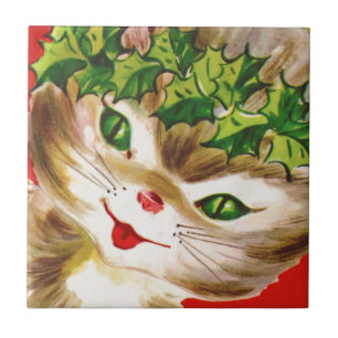 Azulejo De Cerámica gatito vintage de Navidad