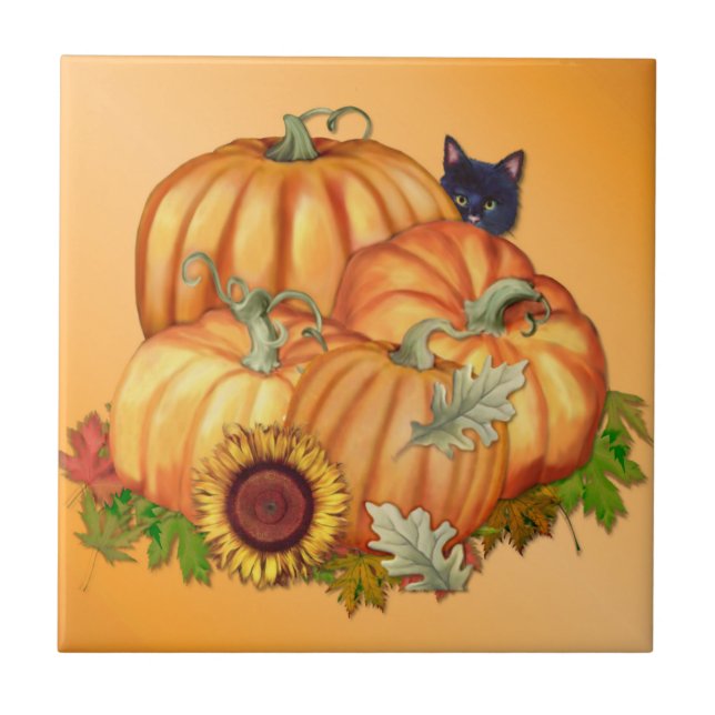 Azulejo De Cerámica Gato Bounty Pumpkins de otoño (Frente)