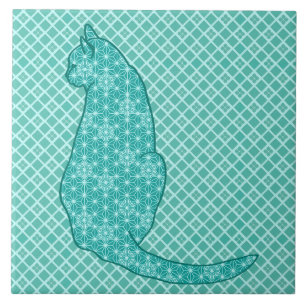 Azulejo De Cerámica Gato japonés - Impresión de kimono turquesa