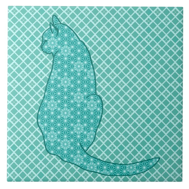 Azulejo De Cerámica Gato japonés - Impresión de kimono turquesa (Frente)