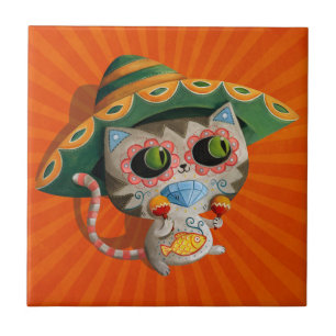 Azulejo De Cerámica Gato mexicano con el sombrero