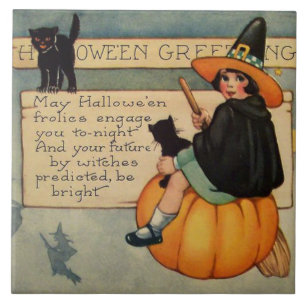 Azulejo De Cerámica Gato negro bruja calabaza luna creciente