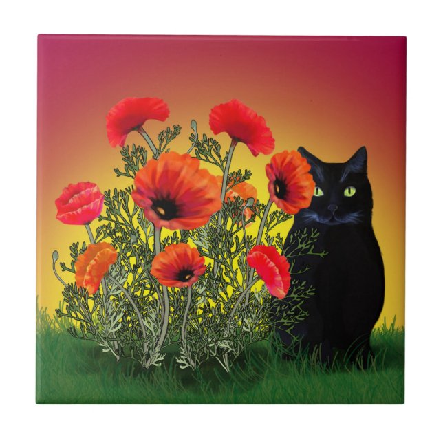Azulejo De Cerámica Gato negro con cachorros (Frente)