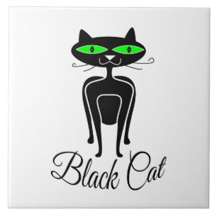 Azulejo De Cerámica Gato negro con ojos verdes