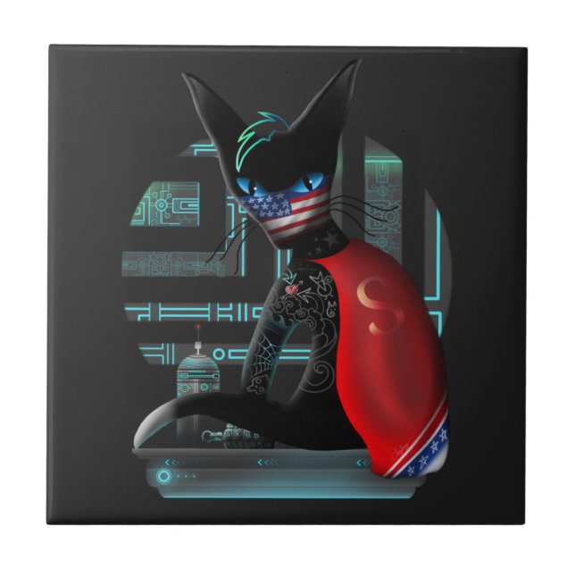 Azulejo De Cerámica Gato negro Cyberpunk Ninja (Frente)