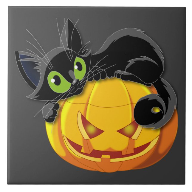 Azulejo De Cerámica Gato negro de Halloween encima de la calabaza (Frente)