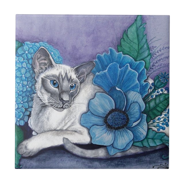 Azulejo De Cerámica Gato Siamés De Punto Azul (Frente)