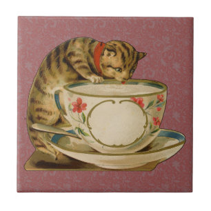 Azulejo De Cerámica Gato Taza de Té Lindo Vintage Victoriano Mascota C
