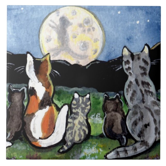 Azulejo De Cerámica Gato y gatitos viendo la luna 6" Tile Trivet (Frente)