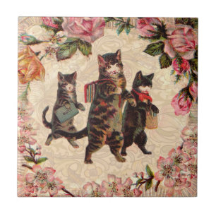 Azulejo De Cerámica Gatos Atigrados Vintage Camino a la Escuela Impres