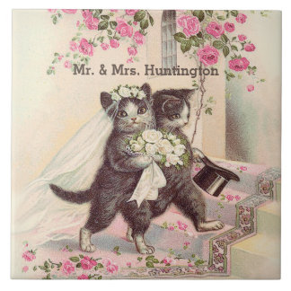 Azulejo De Cerámica Gatos bodas con nombre de Personalizable