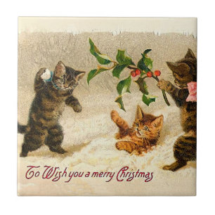 Azulejo De Cerámica Gatos jugando en la nieve Navidad Vintage
