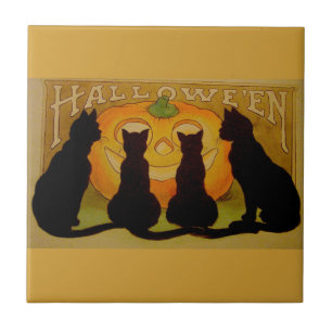 Azulejo De Cerámica Gatos negros de Halloween y Calabaza