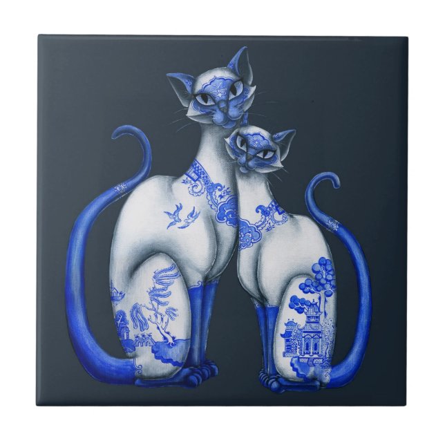 Azulejo De Cerámica Gatos siameses del sauce azul (Frente)