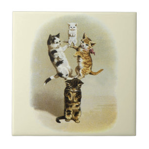 Azulejo De Cerámica Gatos victorianos vintage lindos gatitos jugando, 